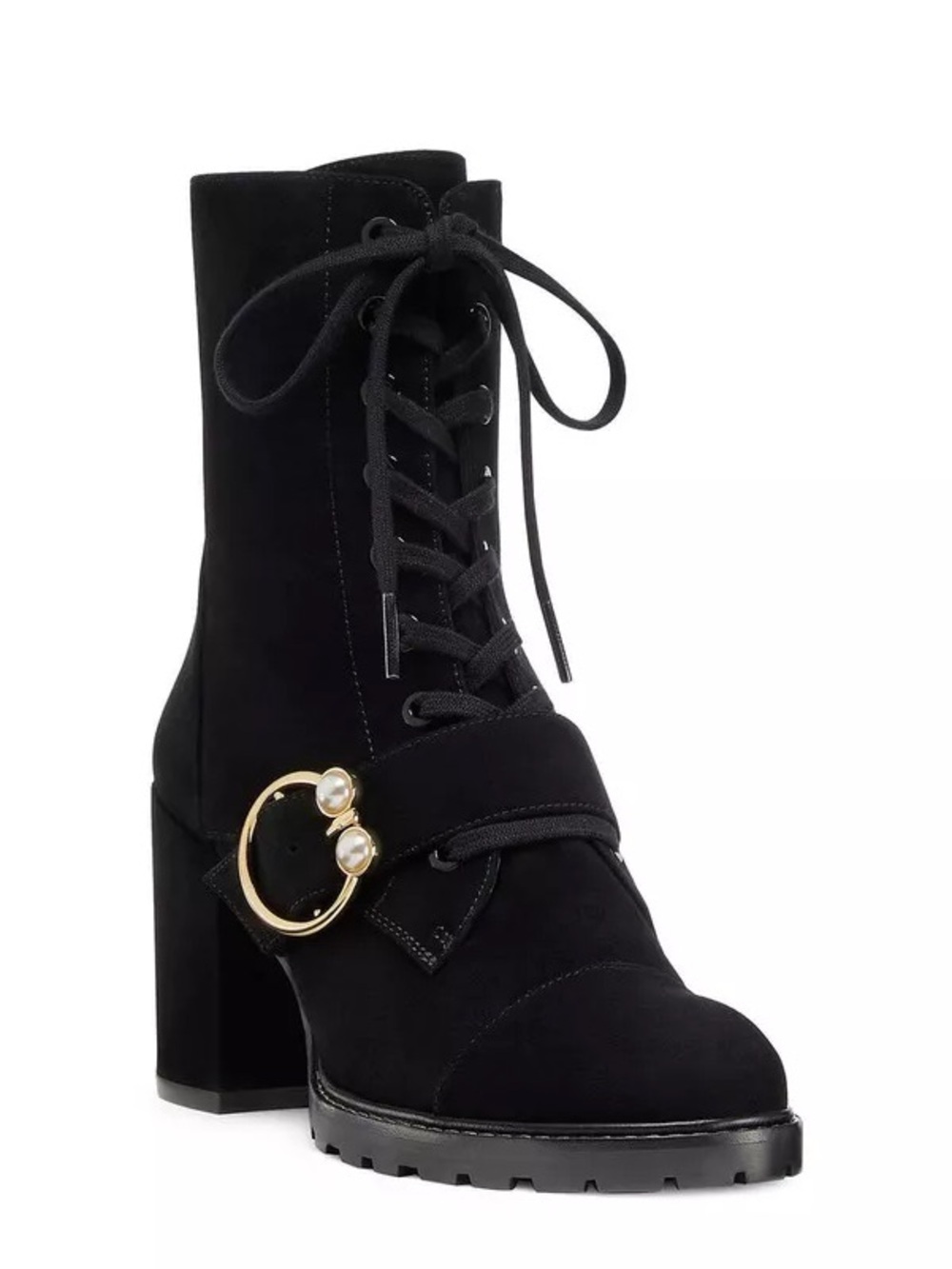 New Stuart Weitzman Pearlring Lace Up 75 Bootie Black Suede Heeled Sz 5